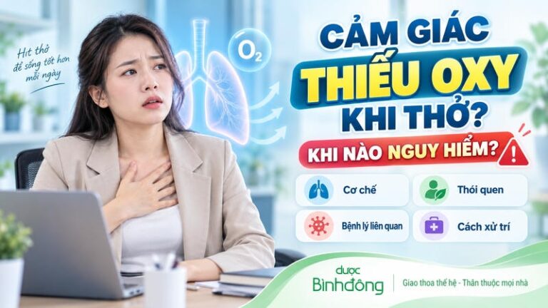 Người phụ nữ có cảm giác thiếu oxy khi thở, minh họa nguyên nhân, dấu hiệu nguy hiểm và cách xử trí.