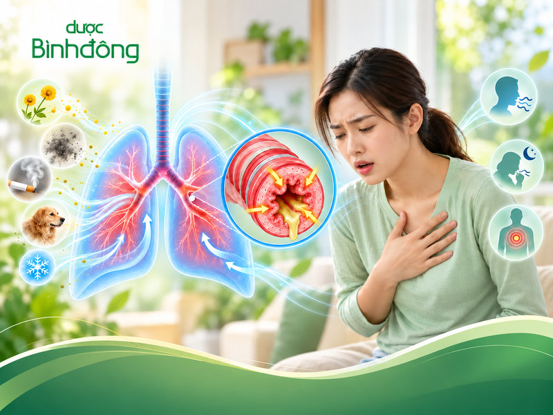 Minh họa phế quản bị thu hẹp, dịch nhầy và các tác nhân kích phát bên cạnh người đang hụt hơi