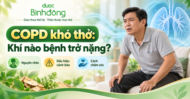 Người đàn ông ngồi đặt tay lên ngực cùng minh họa phổi và các dấu hiệu bệnh trở nặng