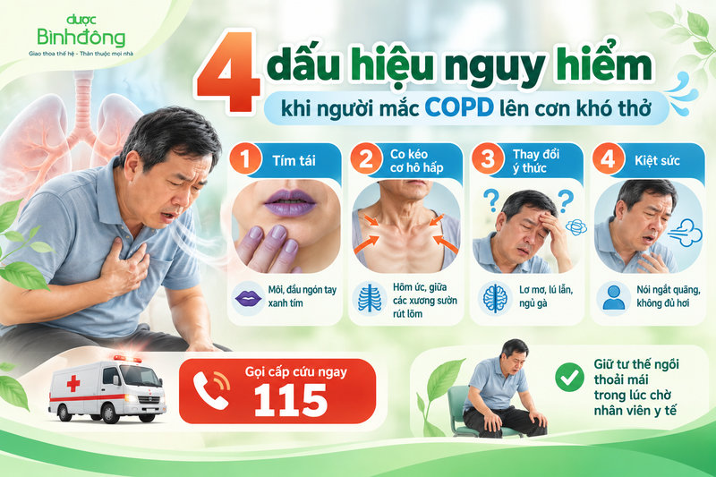 Infographic bốn dấu hiệu nguy hiểm gồm tím tái, co kéo cơ hô hấp, thay đổi ý thức và kiệt sức