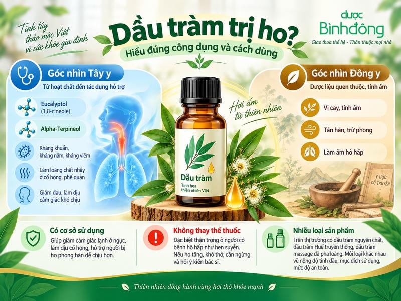 Infographic về dầu tràm, đối chiếu góc nhìn Tây y và Đông y, kèm lưu ý sử dụng an toàn.