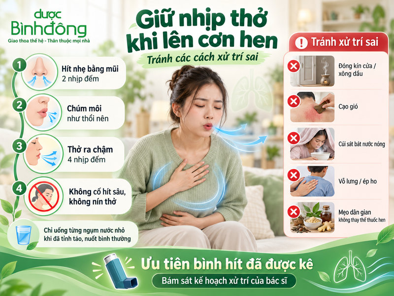 Hướng dẫn hít nhẹ, chúm môi, thở ra chậm cùng cảnh báo xông dầu, cạo gió và ép ho