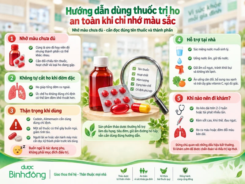 Infographic hướng dẫn dùng thuốc trị ho an toàn khi chỉ nhớ màu sắc, gồm 5 lưu ý chính.