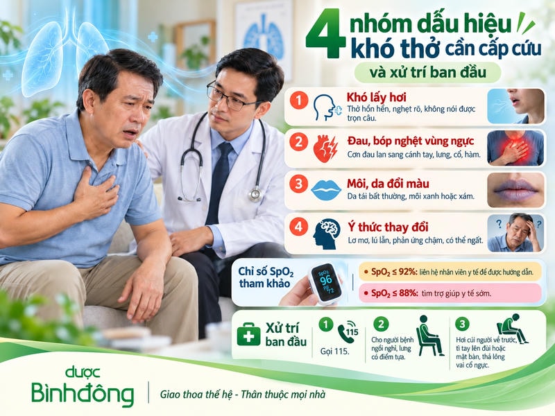 Infographic nêu 4 dấu hiệu khó thở cần cấp cứu, chỉ số SpO₂ tham khảo và các bước xử trí ban đầu.