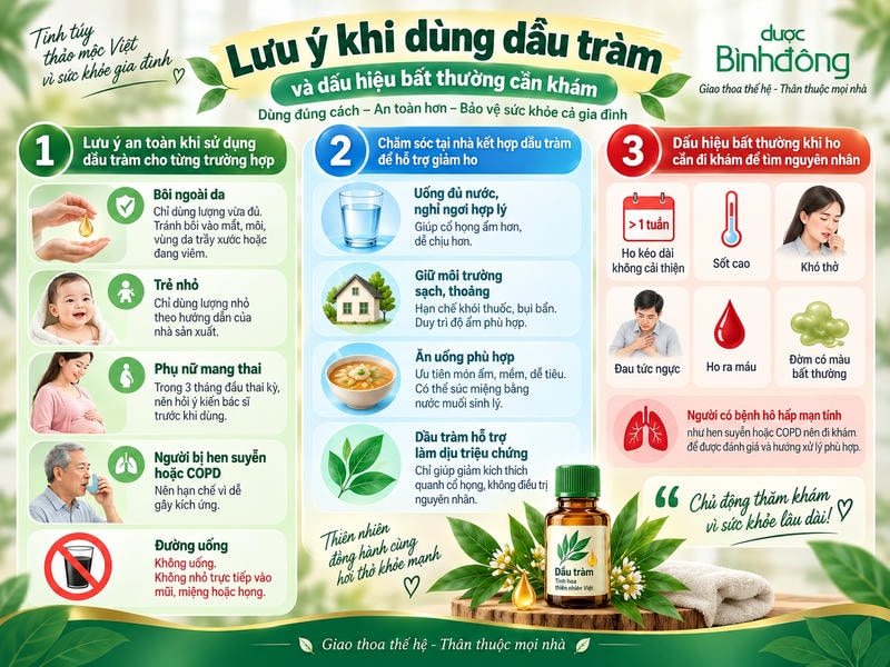 Infographic nêu lưu ý dùng dầu tràm cho trẻ nhỏ, thai phụ và người hen hoặc COPD; kèm chăm sóc tại nhà và dấu hiệu cần khám.