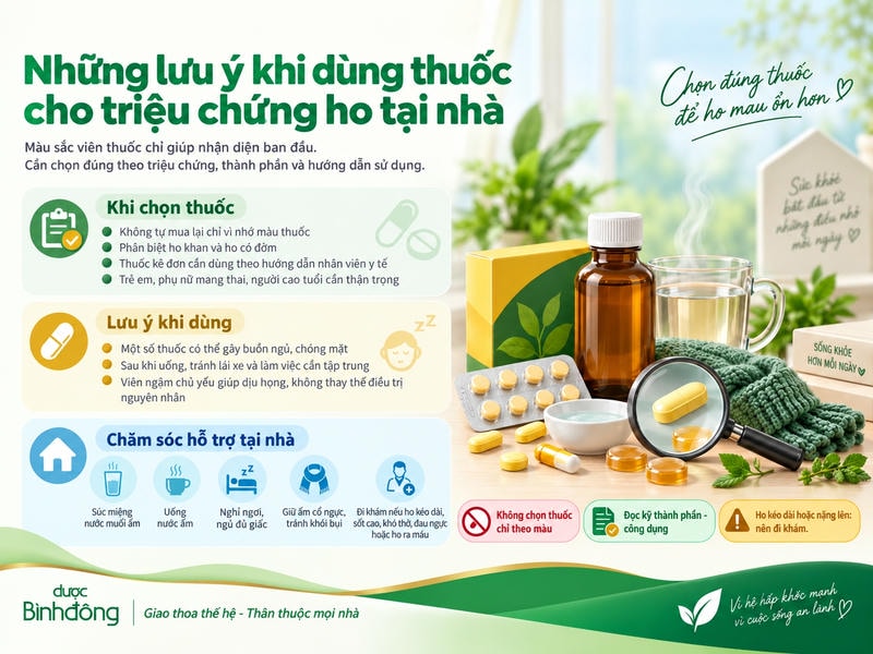 Infographic lưu ý dùng thuốc ho tại nhà, nhấn mạnh chọn đúng triệu chứng và không tự mua chỉ theo màu.