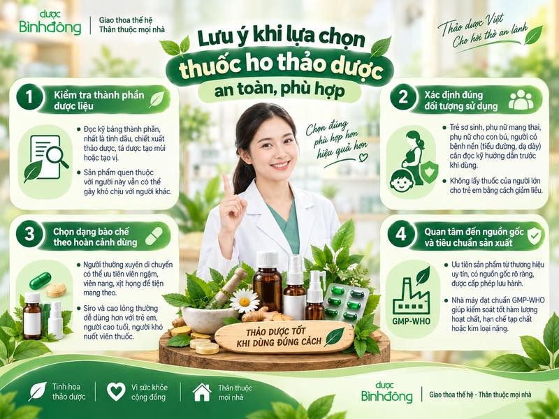 Infographic nêu 4 lưu ý khi chọn thuốc ho thảo dược: thành phần, đối tượng, dạng bào chế và nguồn gốc sản xuất.