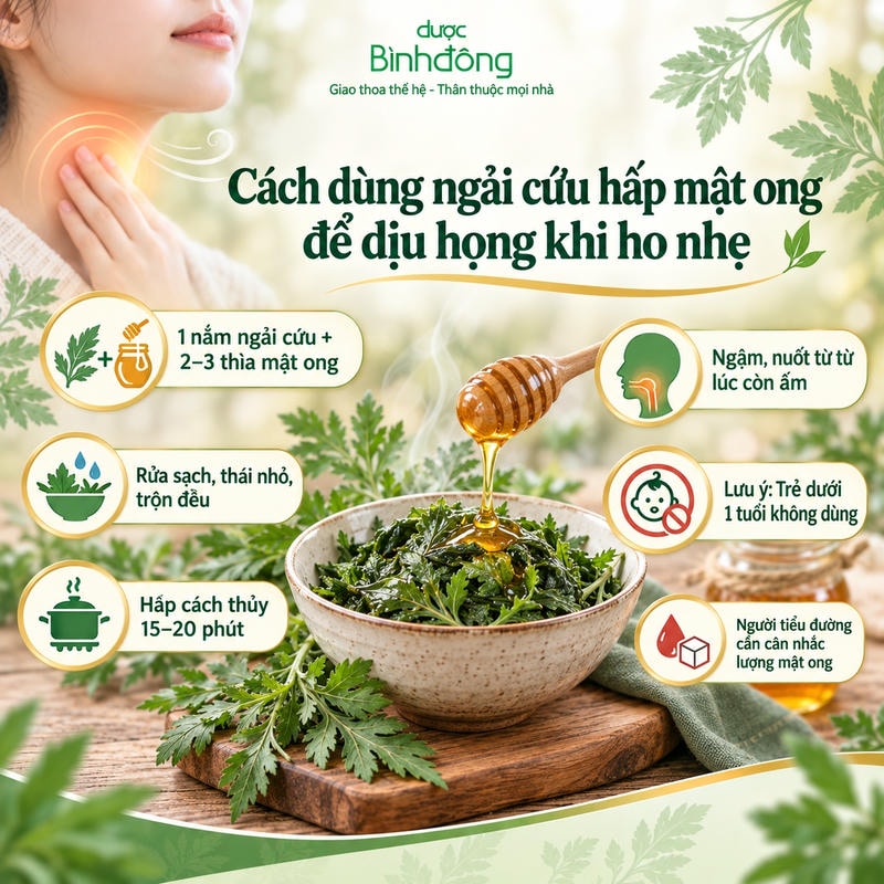 Infographic hướng dẫn ngải cứu hấp mật ong gồm nguyên liệu, sơ chế, hấp 15–20 phút, cách dùng lúc ấm và lưu ý an toàn.