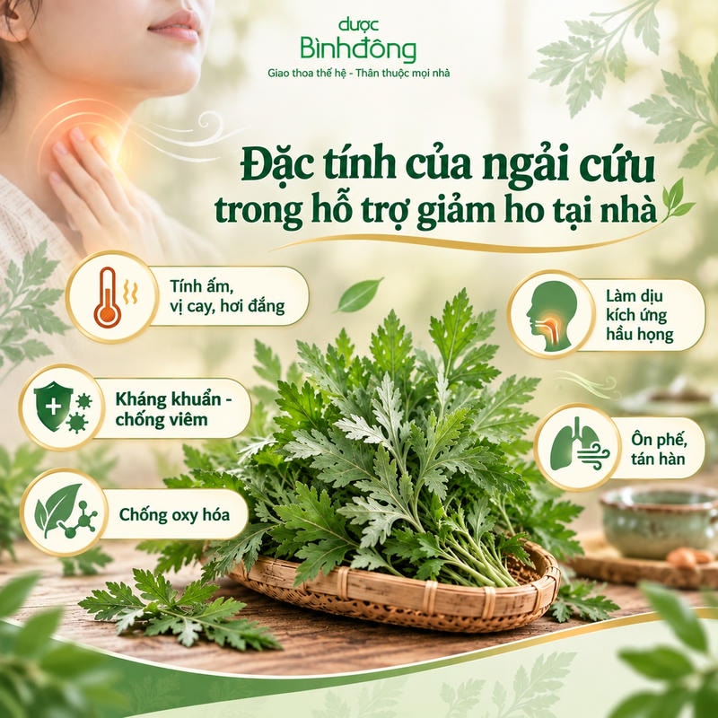 Infographic ngải cứu nêu tính ấm, kháng khuẩn, chống viêm, chống oxy hóa, làm dịu hầu họng và ôn phế.