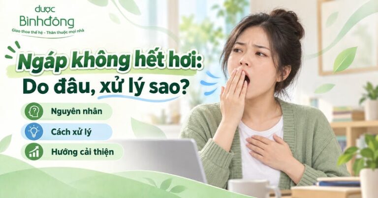 Thumbnail ngáp không hết hơi: người phụ nữ đang ngáp; ba mục Nguyên nhân, Cách xử lý, Hướng cải thiện