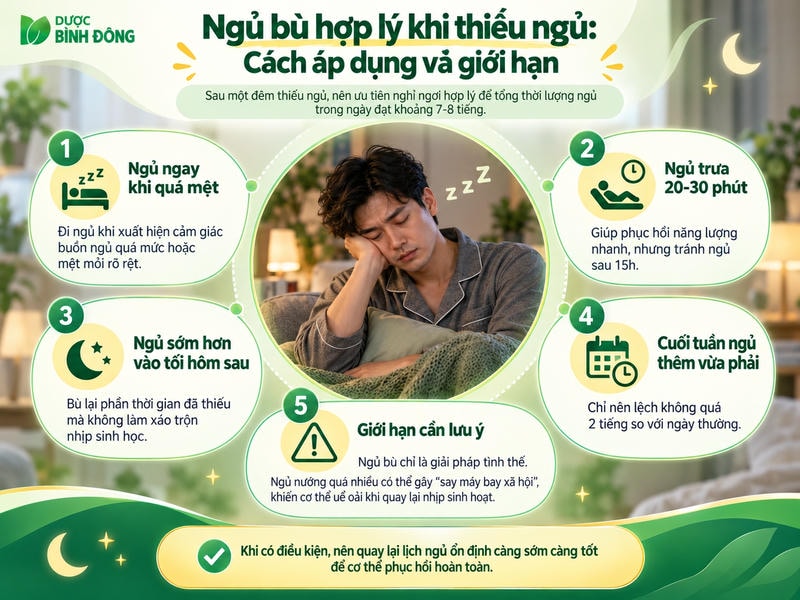 Infographic 4 cách ngủ bù hợp lý và giới hạn cần lưu ý, với người đàn ông buồn ngủ ở trung tâm.