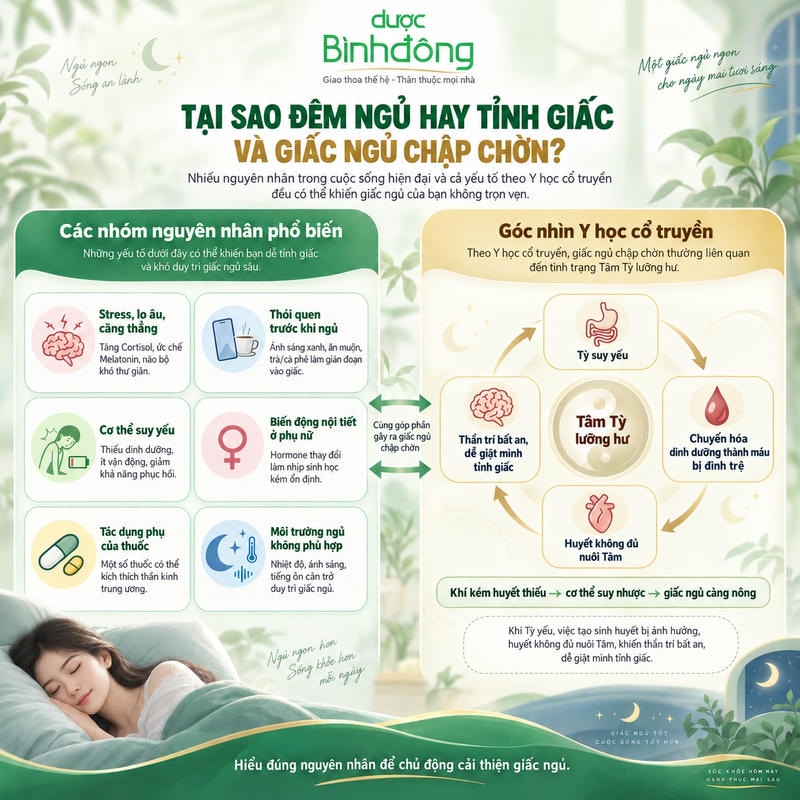Infographic tổng hợp 6 nhóm nguyên nhân phổ biến và sơ đồ Tâm Tỳ lưỡng hư liên quan ngủ chập chờn, dễ tỉnh giấc.