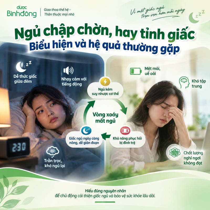 Infographic ngủ chập chờn cho thấy thức giấc giữa đêm dẫn đến vòng xoáy mất ngủ, suy nhược cơ thể và mệt mỏi ban ngày.