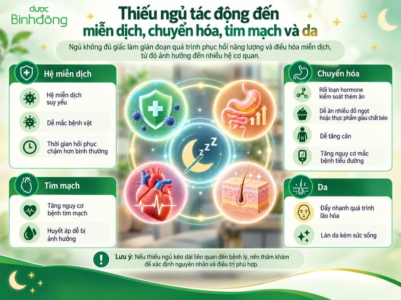 Infographic thiếu ngủ với bốn nhóm ảnh hưởng: hệ miễn dịch, chuyển hóa, tim mạch và da.