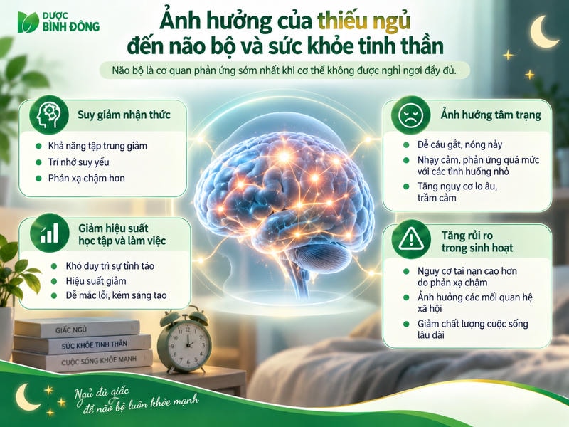 Infographic người đàn ông thiếu ngủ với bốn nhóm tác động: nhận thức, tinh thần, công việc và sinh hoạt.