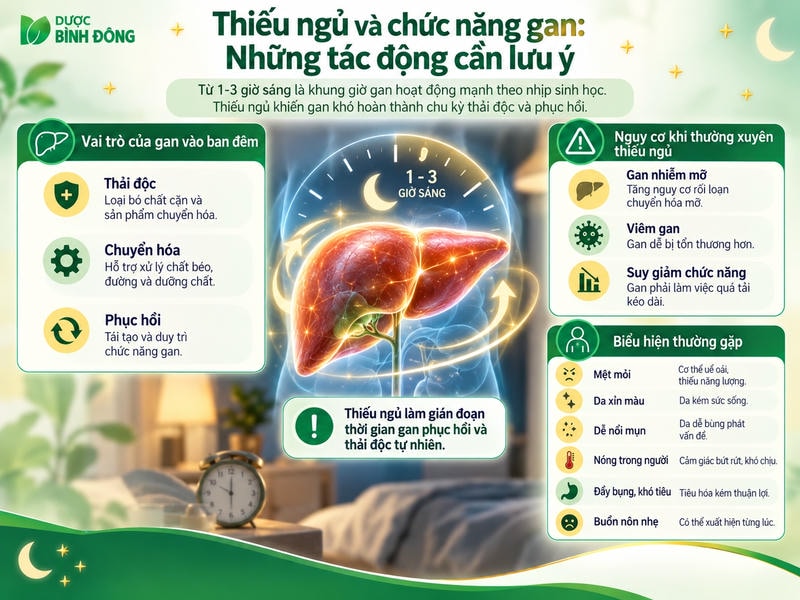 Infographic thiếu ngủ và chức năng gan, với gan ở trung tâm cùng các vai trò, nguy cơ và biểu hiện thường gặp