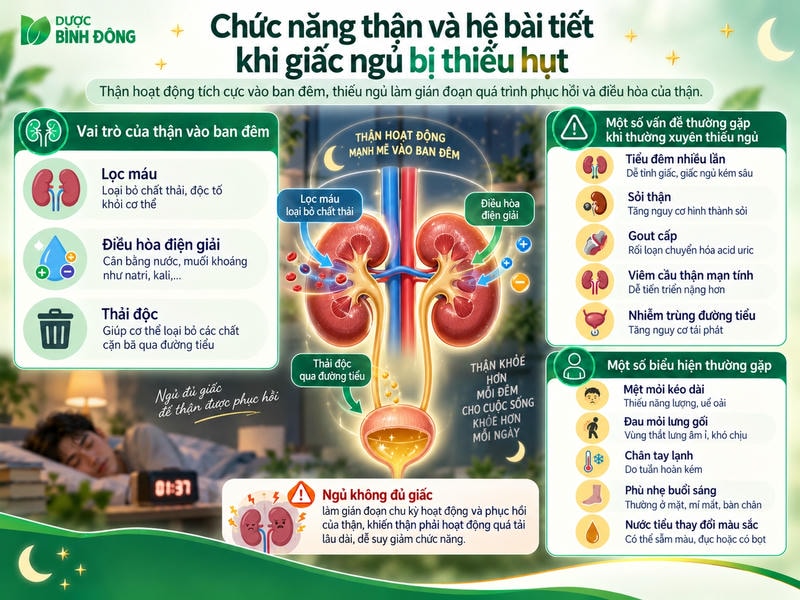 Infographic chức năng thận ban đêm, minh họa vai trò lọc máu, điều hòa điện giải, thải độc và các ảnh hưởng khi thiếu ngủ.