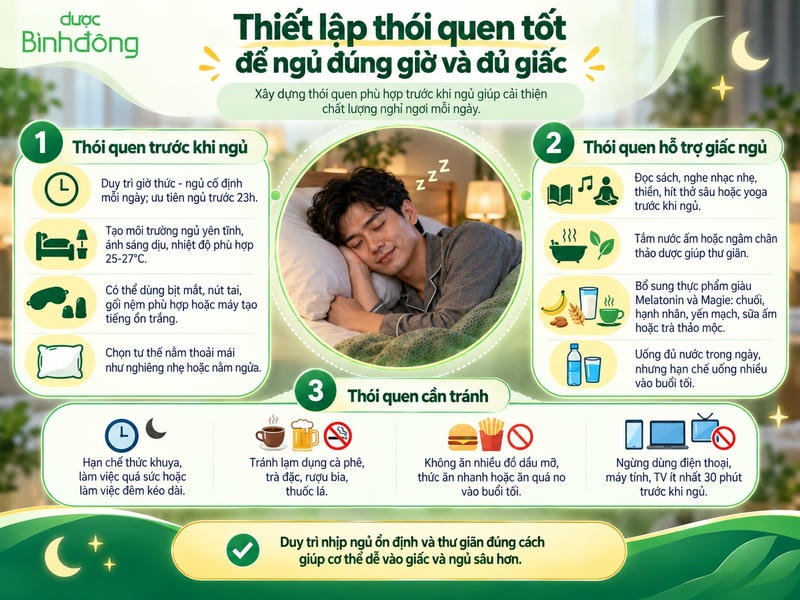 Infographic ba nhóm thói quen để ngủ đủ giấc: trước khi ngủ, hỗ trợ giấc ngủ và những điều cần tránh.