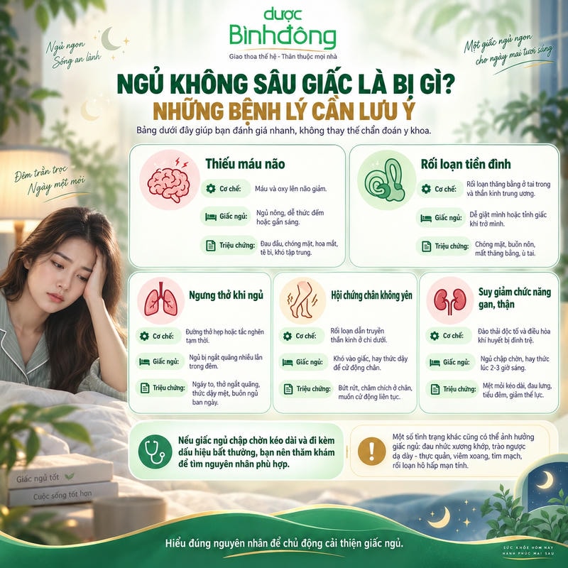 Infographic tổng hợp 5 bệnh lý cần lưu ý khi ngủ không sâu giấc, gồm thiếu máu não, rối loạn tiền đình, ngưng thở khi ngủ, hội chứng chân không yên và suy giảm chức năng gan thận.