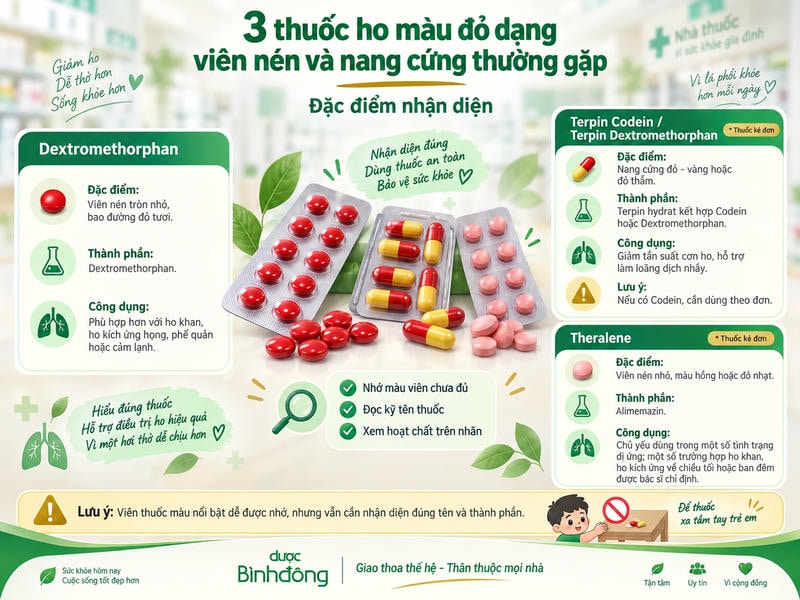 Infographic nhận diện 3 thuốc ho màu đỏ dạng viên nén và nang cứng; cần đọc tên thuốc và hoạt chất.
