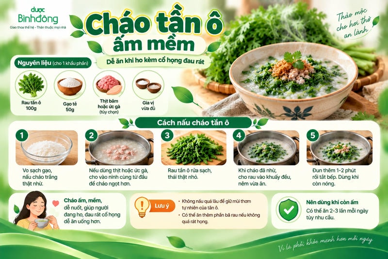 Infographic hướng dẫn 5 bước nấu cháo tần ô, từ chuẩn bị nguyên liệu đến dùng khi còn ấm.