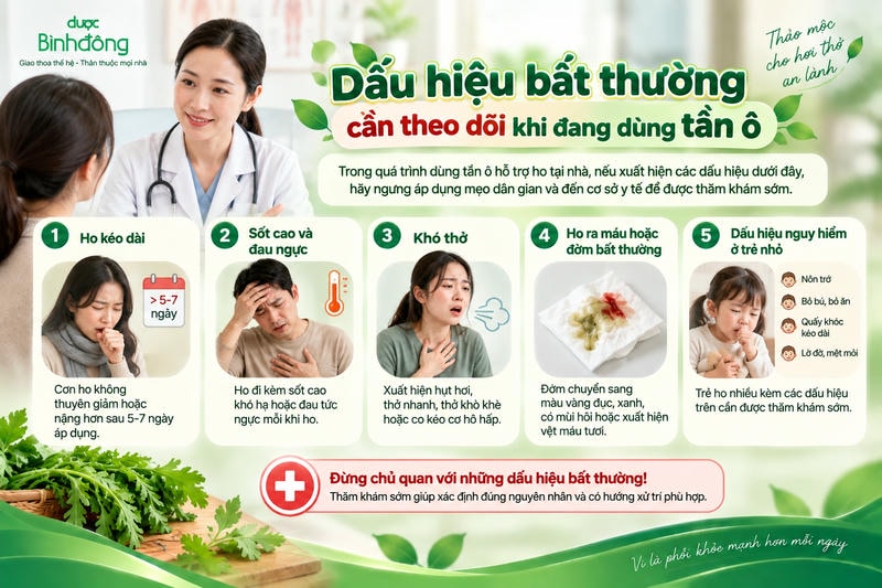 Infographic nêu 5 dấu hiệu bất thường cần theo dõi khi dùng tần ô hỗ trợ ho tại nhà.
