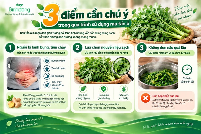 Infographic nêu 3 lưu ý khi dùng tần ô: chú ý thể trạng, chọn rau sạch và không nấu quá lâu.