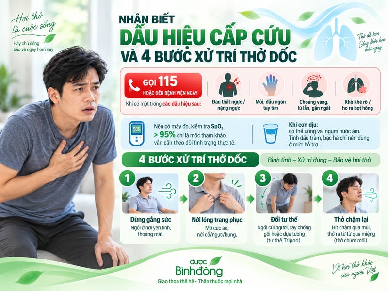 Infographic dấu hiệu thở dốc cần gọi 115 và bốn bước xử trí ban đầu khi chưa nguy cấp.