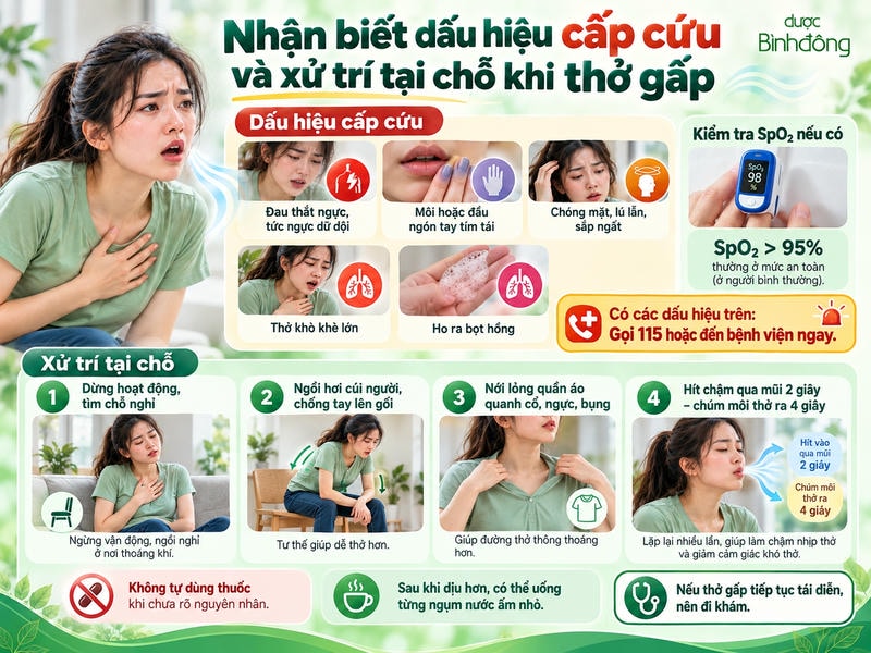 Infographic thở gấp gồm 5 dấu hiệu cần cấp cứu, cách kiểm tra SpO₂ và 4 bước xử trí tại chỗ.