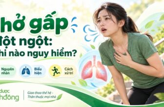 Người phụ nữ thở gấp, tay đặt lên ngực cạnh cầu thang. Thumbnail có ba mục nguyên nhân, biểu hiện và cách xử trí.