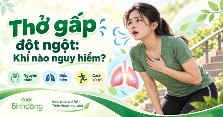 Người phụ nữ thở gấp, tay đặt lên ngực cạnh cầu thang. Thumbnail có ba mục nguyên nhân, biểu hiện và cách xử trí.