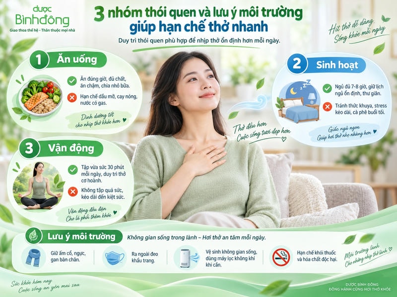 Infographic ba nhóm thói quen ăn uống, sinh hoạt, vận động và lưu ý về môi trường sống.