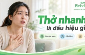 Thumbnail thở nhanh với người phụ nữ đặt tay lên ngực, kèm ba mục: Nguyên nhân, Dấu hiệu, Lưu ý.