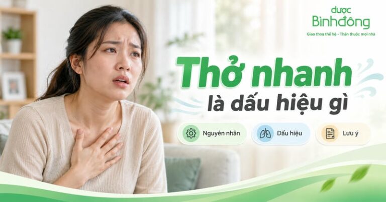 Thumbnail thở nhanh với người phụ nữ đặt tay lên ngực, kèm ba mục: Nguyên nhân, Dấu hiệu, Lưu ý.