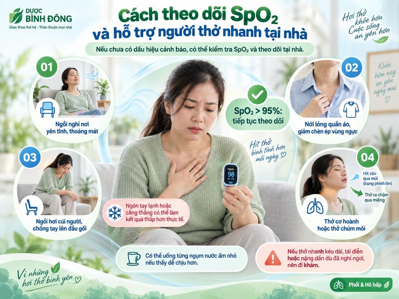 Infographic thể hiện SpO₂ 98% và bốn bước hỗ trợ: ngồi nghỉ, nới áo, điều chỉnh tư thế, tập thở.