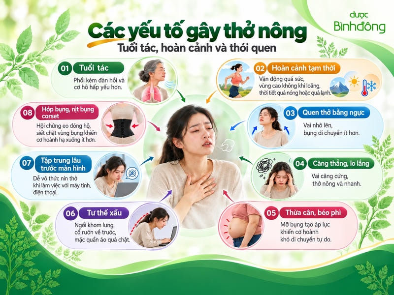 Infographic tám yếu tố gây thở nông: tuổi tác, hoàn cảnh, béo phì, căng thẳng, tư thế và thói quen.