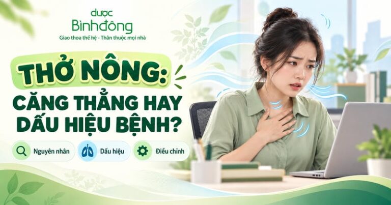 Thumbnail thở nông với người phụ nữ đặt tay lên ngực trước laptop. Nội dung đề cập nguyên nhân, dấu hiệu và cách điều chỉnh.