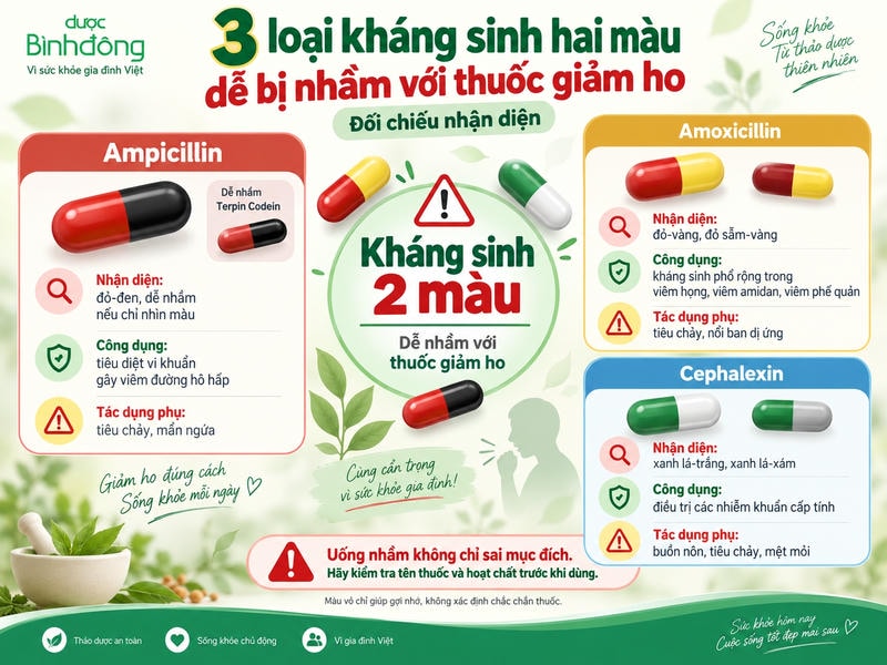 Infographic đối chiếu ba loại kháng sinh hai màu Ampicillin, Amoxicillin và Cephalexin theo đặc điểm nhận diện, công dụng và tác dụng phụ, kèm cảnh báo dễ nhầm với thuốc giảm ho.