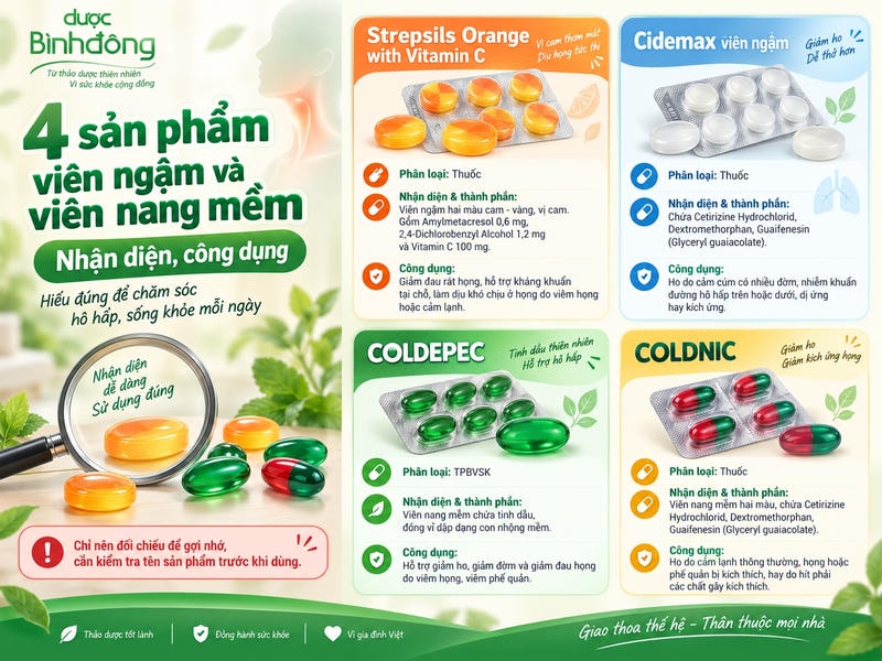 Infographic so sánh 4 sản phẩm Strepsils, Cidemax, COLDEPEC và COLDNIC theo thành phần, phân loại và công dụng.