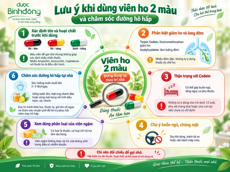 Infographic trình bày 6 lưu ý khi dùng viên ho hai màu an toàn và chăm sóc đường hô hấp.