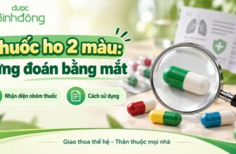 Thumbnail thuốc ho 2 màu với các viên nang nhiều màu, kính lúp phóng đại viên xanh trắng và hướng dẫn nhận diện nhóm thuốc, cách sử dụng.