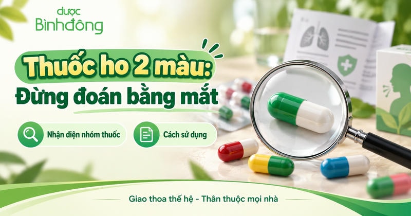Thumbnail thuốc ho 2 màu với các viên nang nhiều màu, kính lúp phóng đại viên xanh trắng và hướng dẫn nhận diện nhóm thuốc, cách sử dụng.