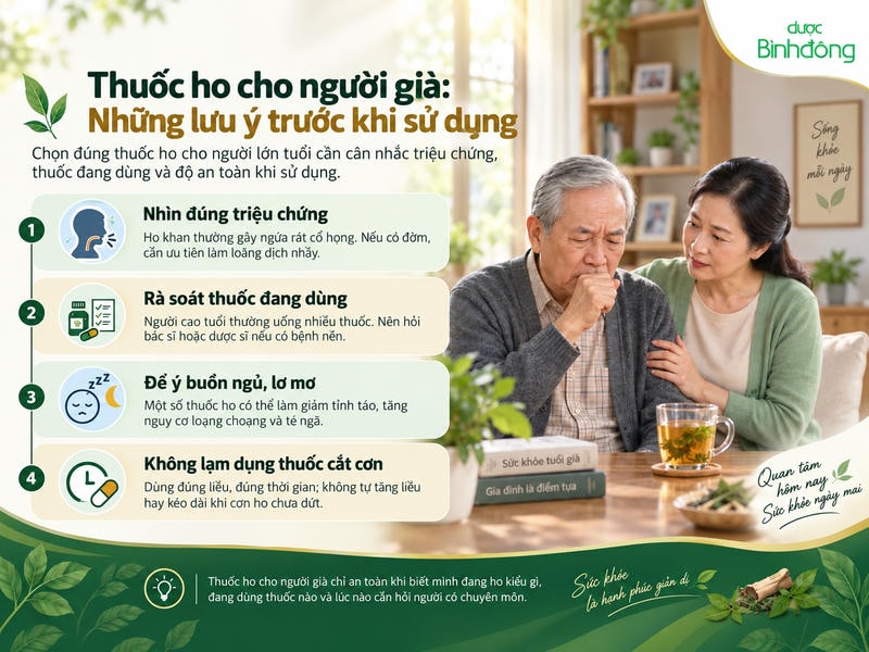 Infographic 4 lưu ý khi dùng thuốc ho cho người già: nhận diện triệu chứng, rà soát thuốc, theo dõi buồn ngủ và tránh lạm dụng.