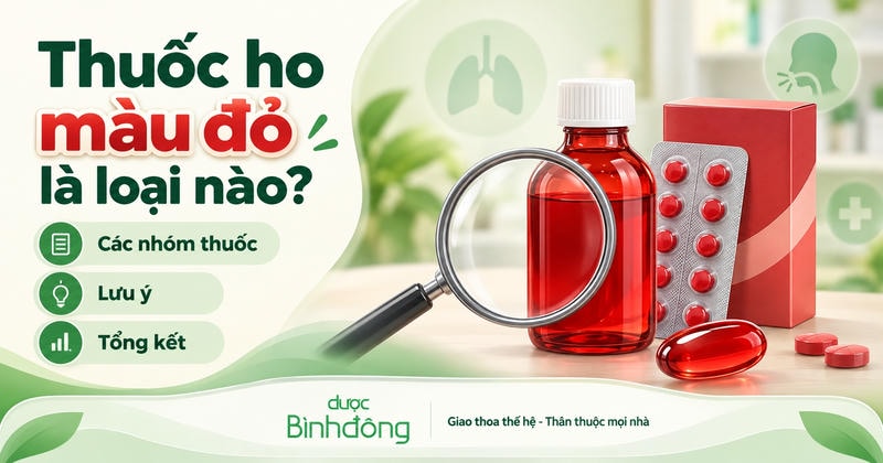 Thumbnail “Thuốc ho màu đỏ là loại nào?” minh họa siro, viên thuốc đỏ và kính lúp nhận diện.