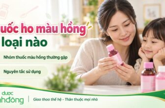 Thumbnail thuốc ho màu hồng, minh họa mẹ và bé xem chai siro, kèm nội dung nhận diện và lưu ý sử dụng.