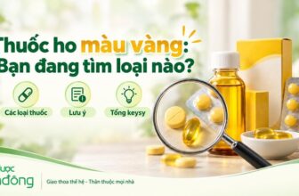 Thumbnail “Thuốc ho màu vàng: Bạn đang tìm loại nào?”, với viên thuốc vàng, chai siro và kính lúp.