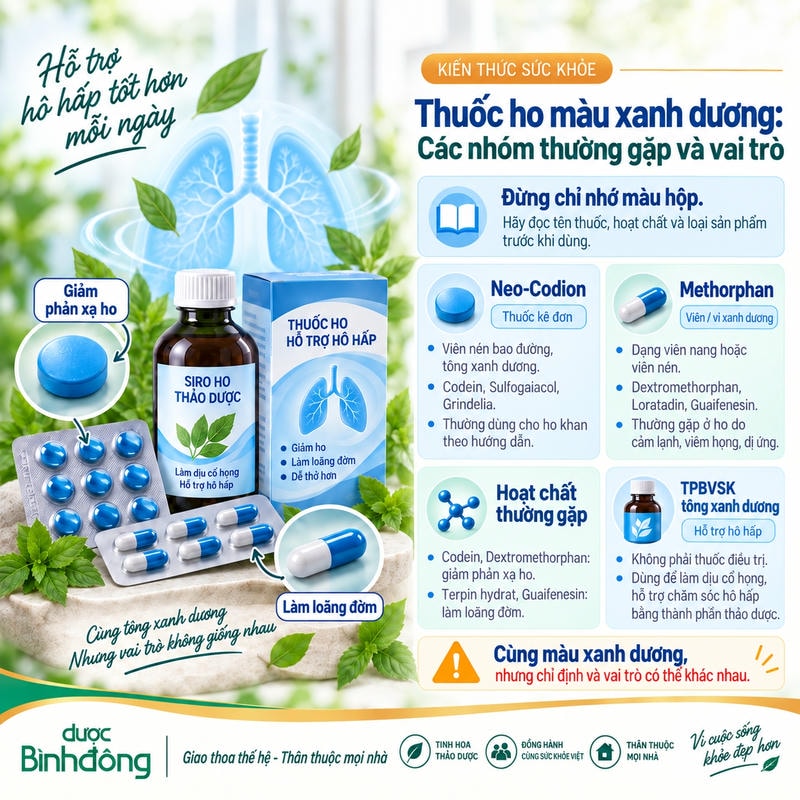 Infographic cho thấy cùng tông xanh dương nhưng thuốc ho có thành phần, chỉ định và vai trò khác nhau.