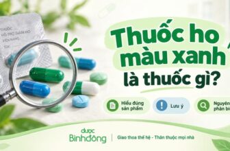 Thumbnail thuốc ho màu xanh với viên thuốc, kính lúp và ba mục hướng dẫn nhận diện sản phẩm.