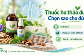 Thumbnail về thuốc ho thảo dược với chai dung dịch, chai xịt, viên ngậm và dược liệu. Nội dung gồm khái quát, dạng sản phẩm phổ biến và lưu ý chăm sóc.