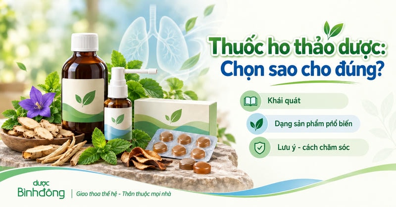 Thumbnail về thuốc ho thảo dược với chai dung dịch, chai xịt, viên ngậm và dược liệu. Nội dung gồm khái quát, dạng sản phẩm phổ biến và lưu ý chăm sóc.